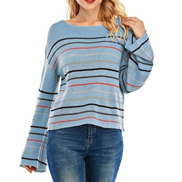 NWT Striped Knit Bell Sleeve Slouchy Sweater Top. - Picture 2 of 6